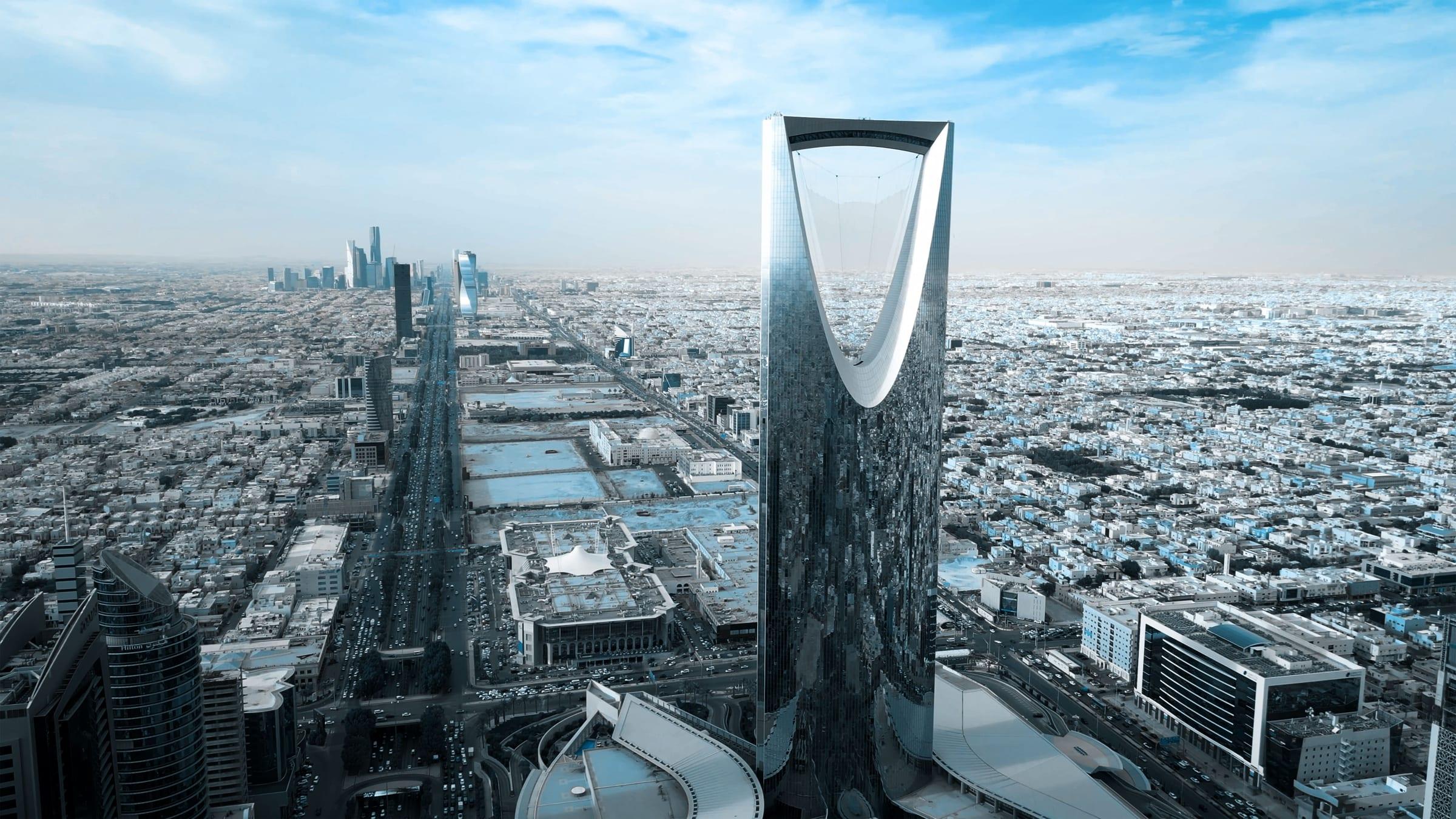 Aerial view of Riyadh skyline with the Kingdom Centre tower